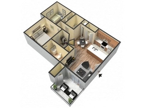 Floor plan for 2 beds, 2 baths, 851 sqft
